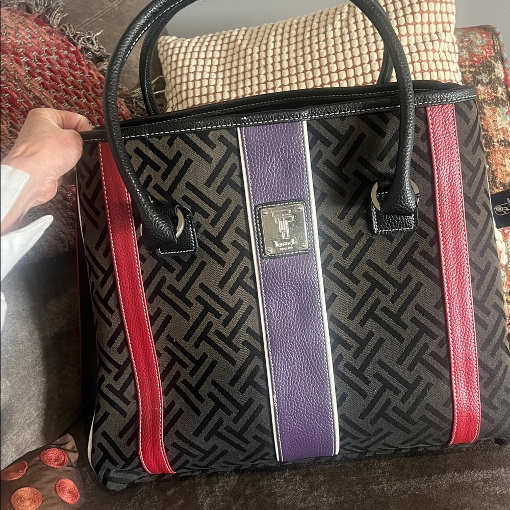 Designer-Inspired Black Tote with Purple and Red Stripe Accents - Picture 2 of 12